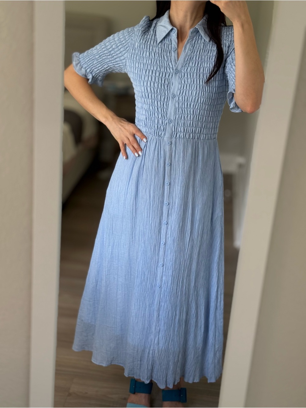 Polagram Light Blue Smocked Button-Down Maxi Dress